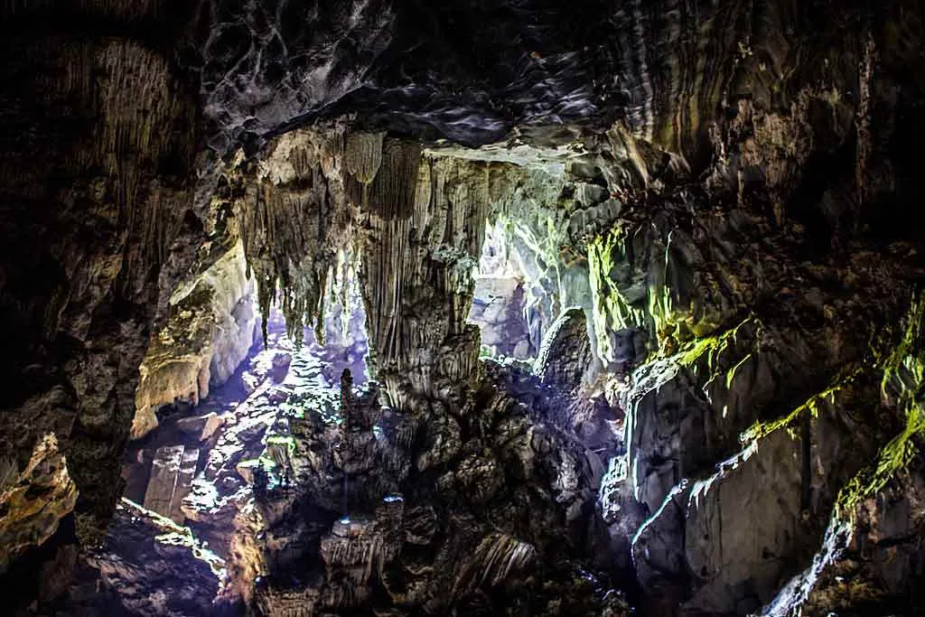 Underground formations inside a PETAR cave, a prime attraction for exploring the Ribeira Valley's cave system