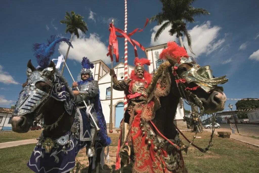 Mounted participants in the vibrant Cavalhadas festival, a cultural highlight in Pirenópolis.