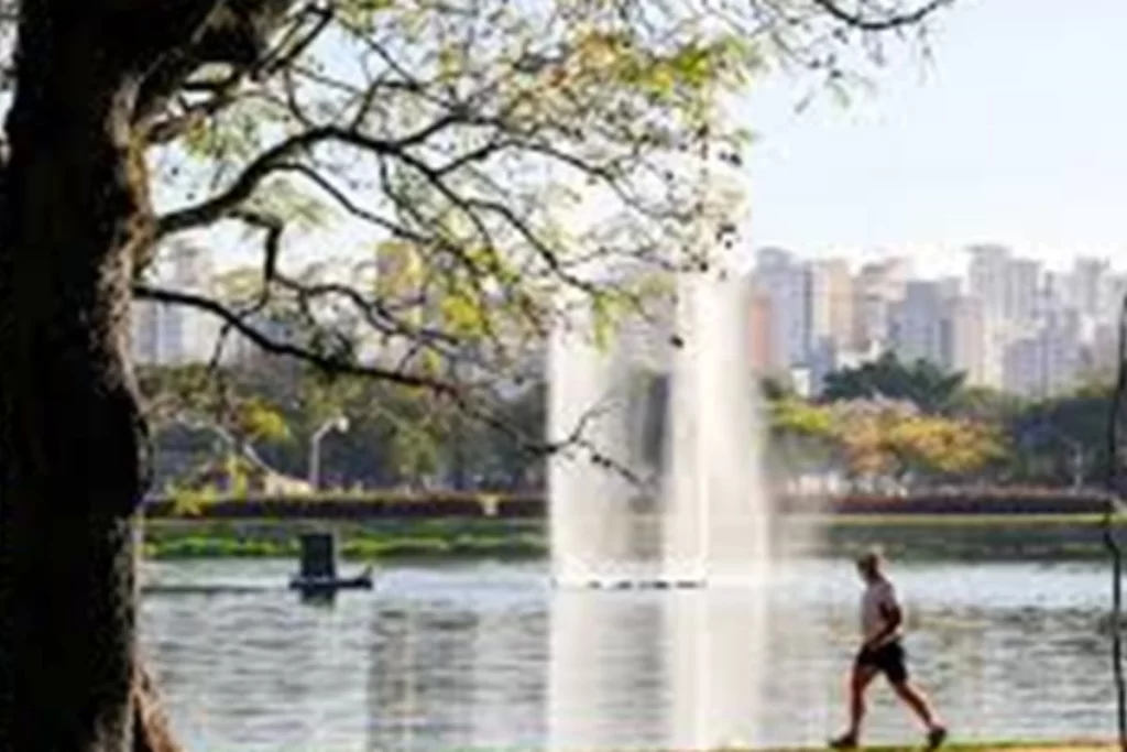 Man jogging at Ibirapuera Park with fountain in the background – a peaceful moment in São Paulo’s most iconic green space