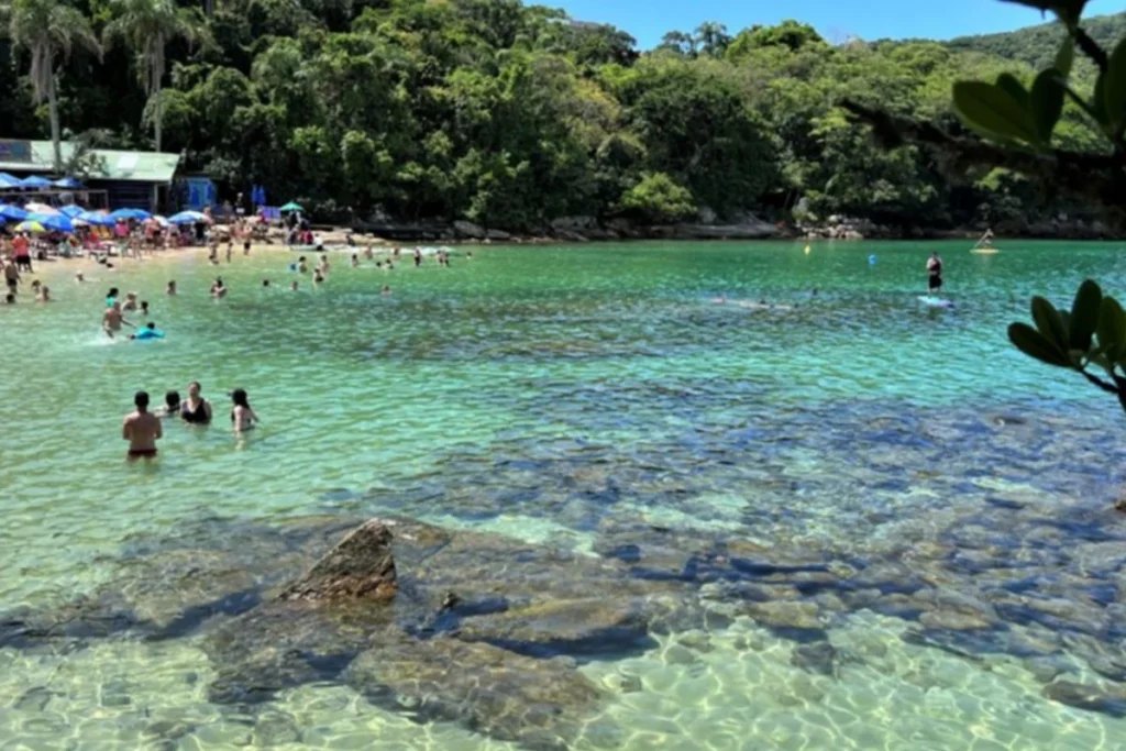 Turquoise waters and diving boats at Bombinhas Beach