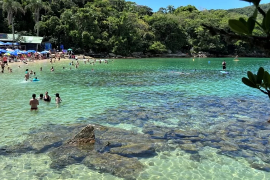 Turquoise waters and diving boats at Bombinhas Beach